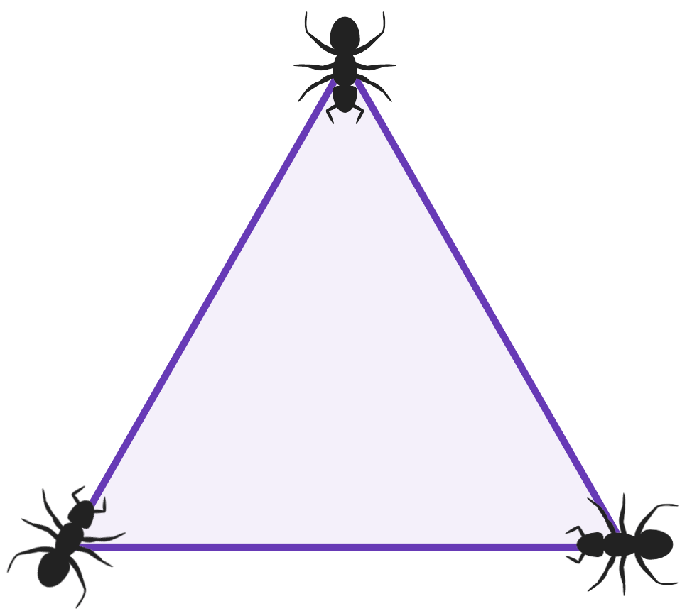 diagram of a triangle with 3 ants sat at each vertex